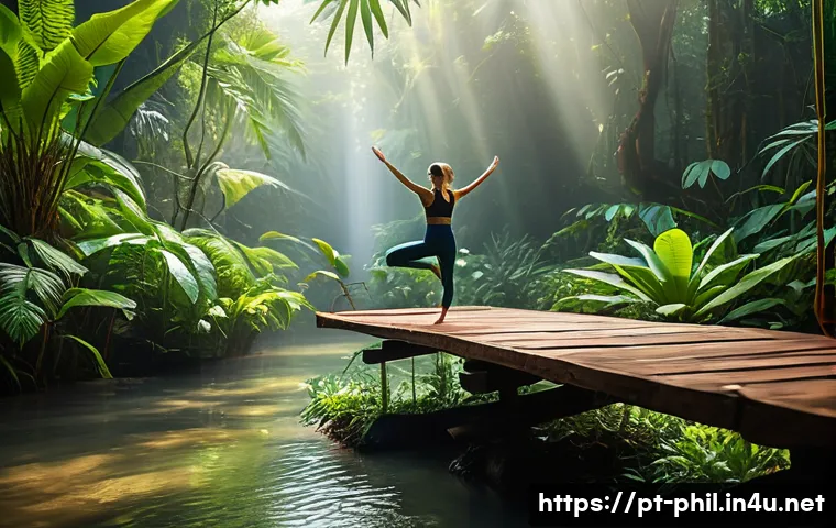 동양 철학에서의 도와 기 개념 - A serene morning scene in a lush Brazilian rainforest, sunlight filtering through dense green foliag...